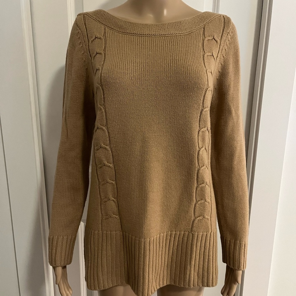 Carolina Herrera Camel Crewneck Cable Knit Sweater